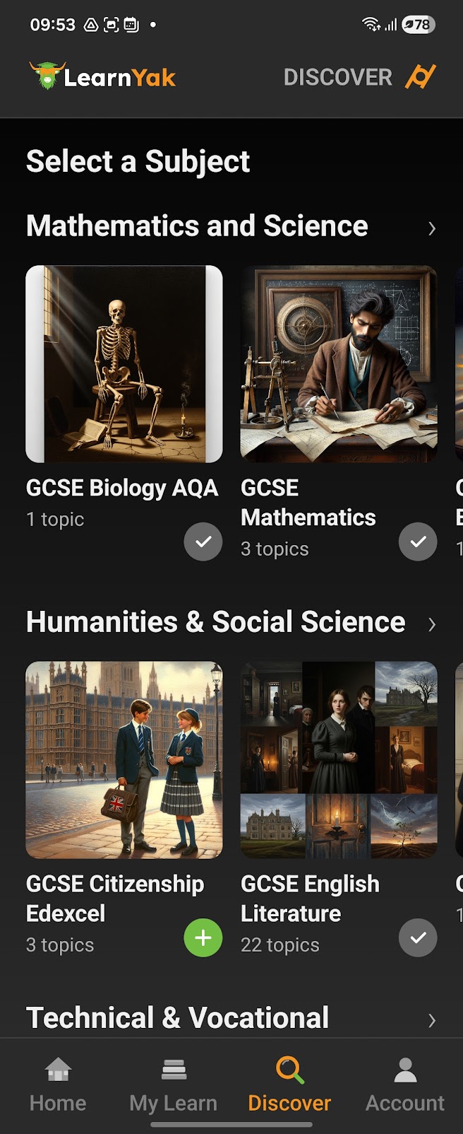 Discover subjects in LearnYak